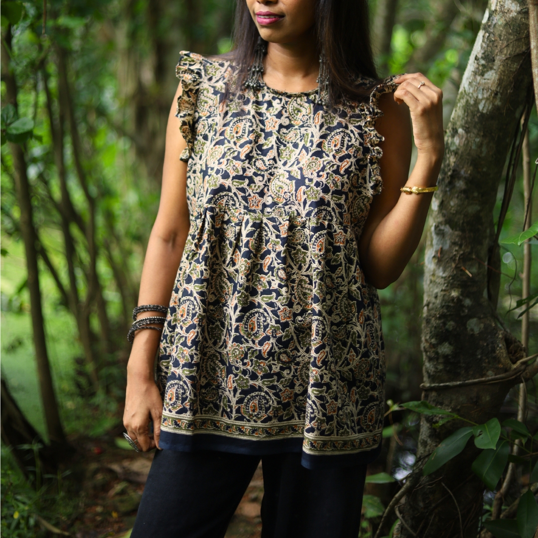 Black Kalamkari Printed Cotton Top for Women - Image 2