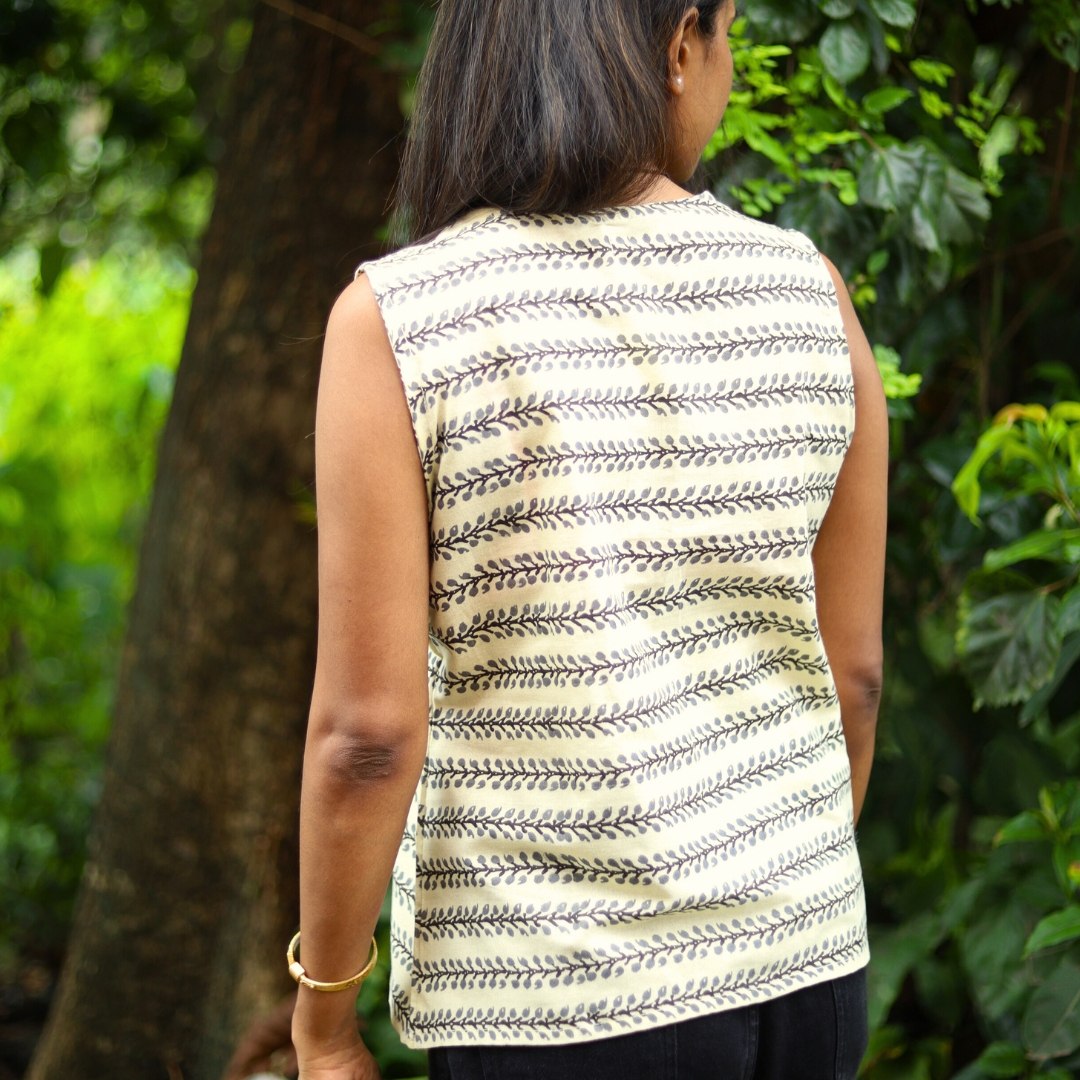 Beige Hand Block Printed Cotton Sleeveless Top - Image 3