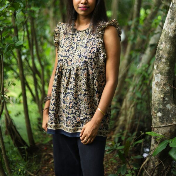 Black Kalamkari Printed Cotton Top for Women