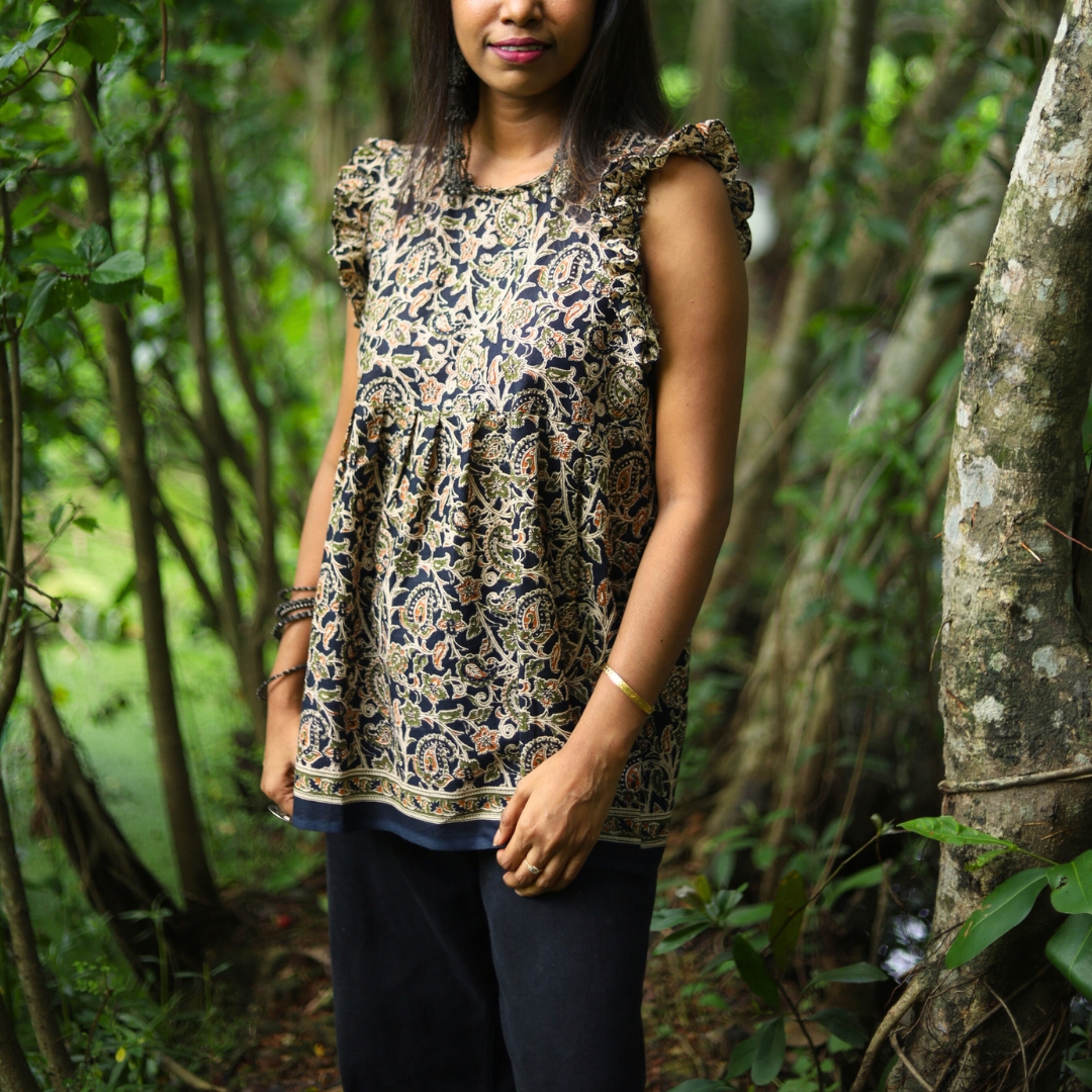 Black Kalamkari Printed Cotton Top for Women - Image 4