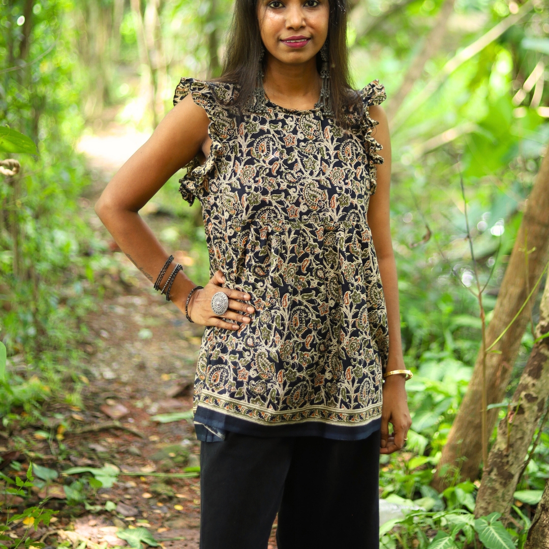 Black Kalamkari Printed Cotton Top for Women - Image 3