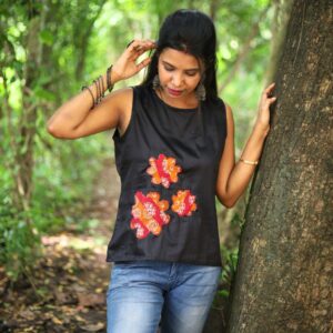 Black Cotton Top with Appliqué Work for Women - Image 2